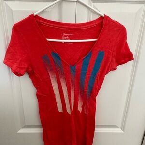 American Eagle Outfitters Red and Blue V-Neck Tee